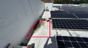 Soft spot outlined in red along the parapet wall of a commercial TPO flat roof with solar panels in Auburn