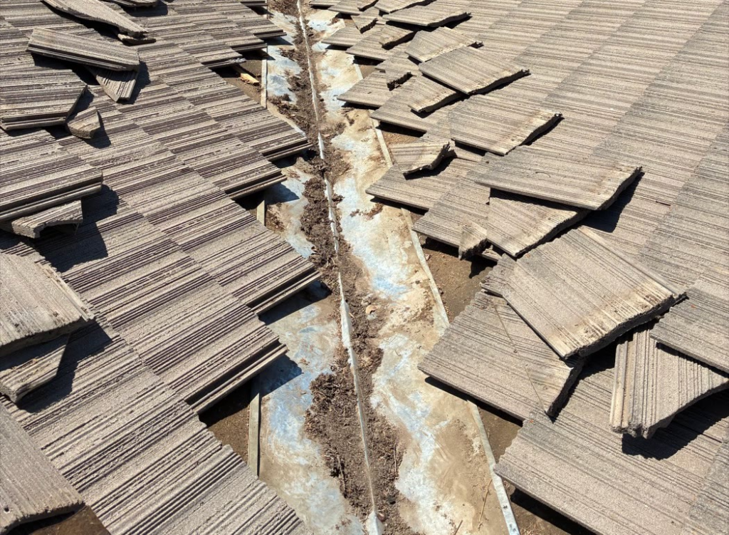 Tile roof valley in Elk Grove packed with debris before cleaning