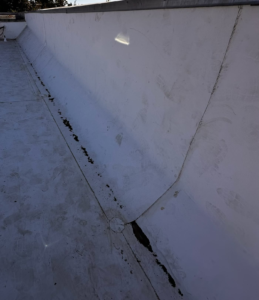 New TPO membrane at the wall-to-roof transition on a commercial flat roof in Marysville, with welded seams