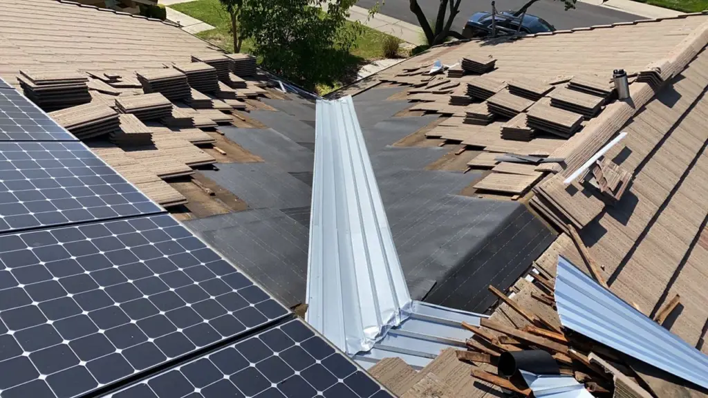 New valley metal and underlayment installed in a tile roof valley before the tiles go back on
