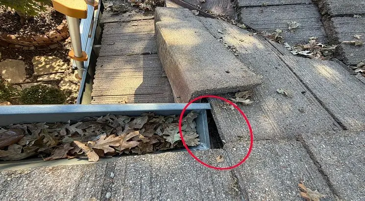 Open gable junction on a tile roof with debris, circled in red