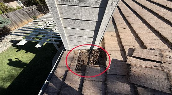 Debris packed into the flashing channel where a tile roof meets a wall, circled in red